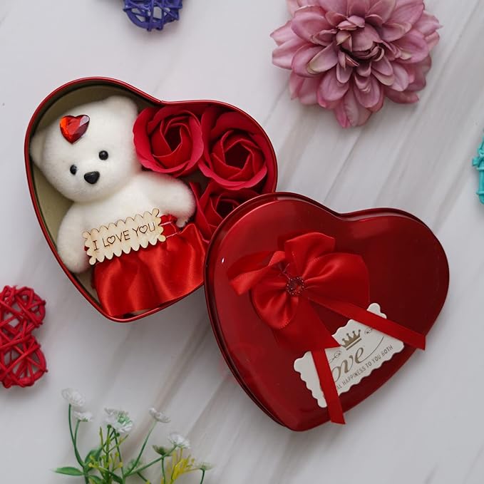 Romantic Heart Gift Box with Cute Teddy Bear & Artificial Red Rose Flowers | Perfect Valentine's Day, Birthday & Anniversary Gift for Girlfriend / Wife