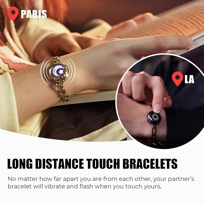 totwoo Sun & Moon Long Distance Touch Bracelets – Metal Chain Edition Smart Vibrating Couple Jewelry Set