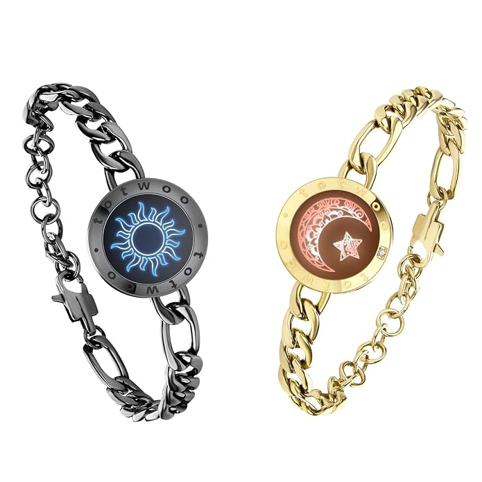 totwoo Sun & Moon Long Distance Touch Bracelets – Metal Chain Edition Smart Vibrating Couple Jewelry Set