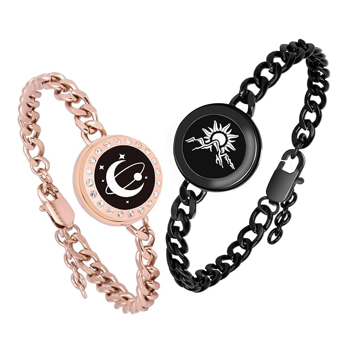 totwoo Sun & Mountain / Moon & Planet Smart Touch Bracelets for Couples - Rose Gold & Black Heavy Cuban Chain Long Distance Jewelry Set