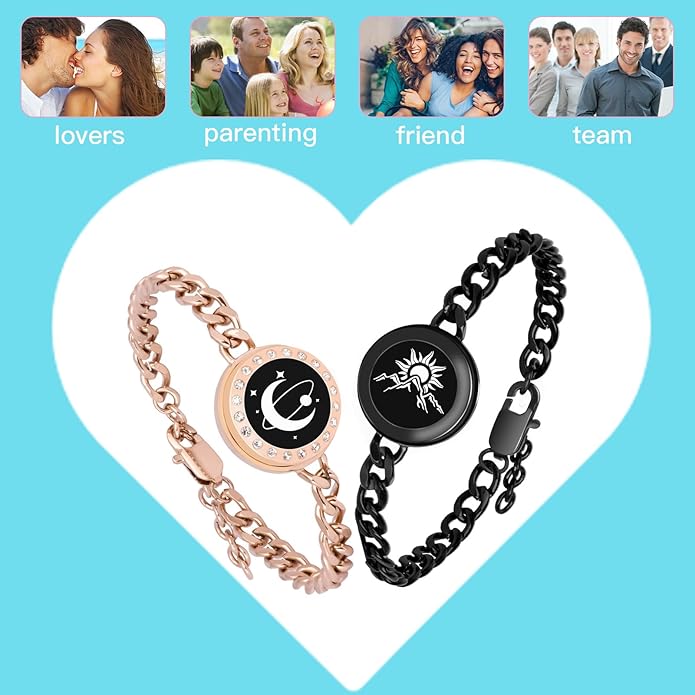 totwoo Sun & Mountain / Moon & Planet Smart Touch Bracelets for Couples - Rose Gold & Black Heavy Cuban Chain Long Distance Jewelry Set