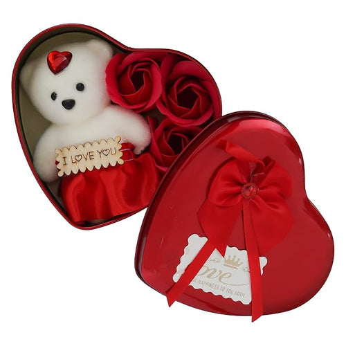 Romantic Heart Gift Box with Cute Teddy Bear & Artificial Red Rose Flowers | Perfect Valentine's Day, Birthday & Anniversary Gift for Girlfriend / Wife