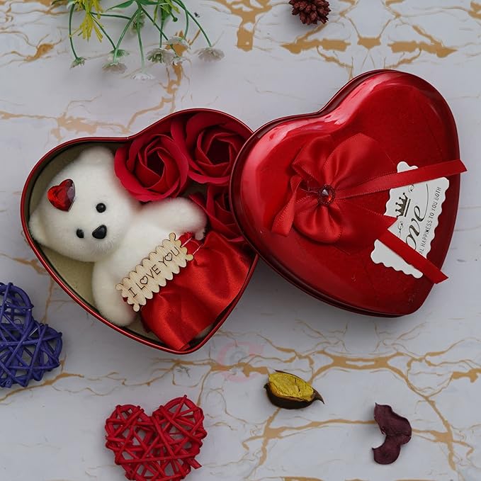 Romantic Heart Gift Box with Cute Teddy Bear & Artificial Red Rose Flowers | Perfect Valentine's Day, Birthday & Anniversary Gift for Girlfriend / Wife