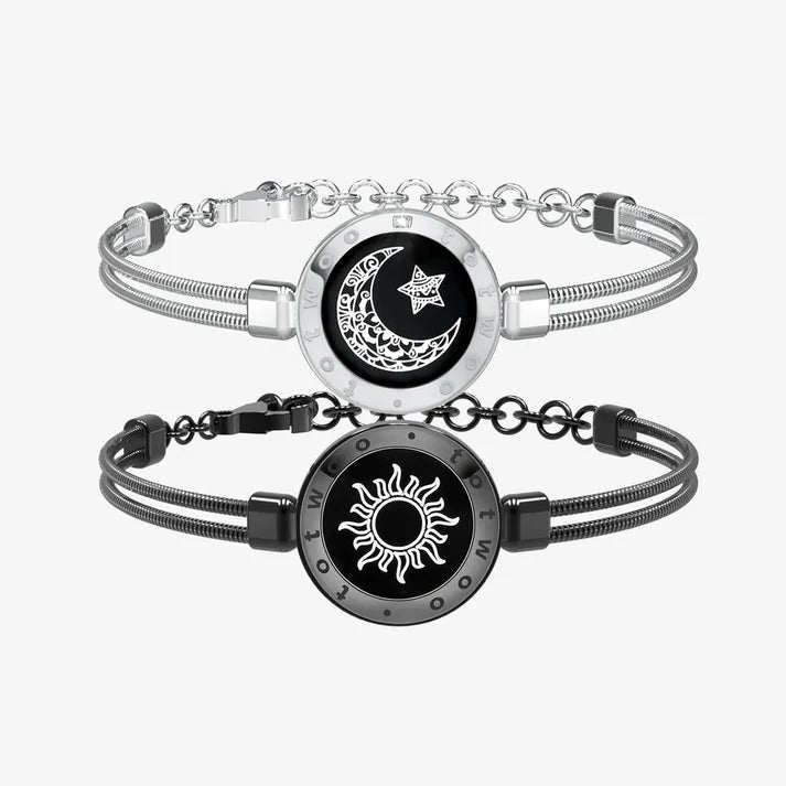 totwoo Sun & Moon Smart Touch Bracelets for Couples - Silver & Black Snake Chain Long Distance Relationship Light Up
