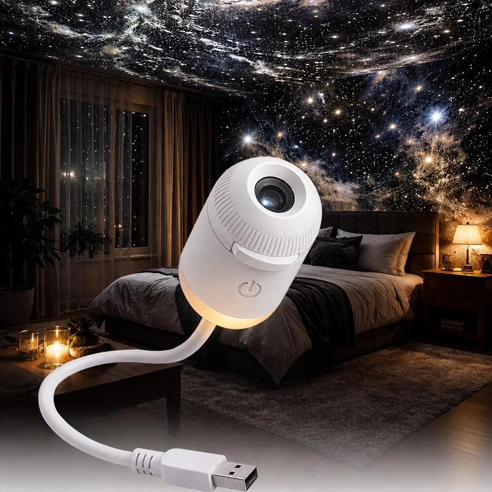 Mini LED Galaxy Projector with Adjustable Brightness, 360° Moon Projection, USB Powered for Bedroom & Room Decor.