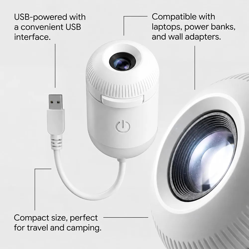 Mini LED Galaxy Projector with Adjustable Brightness, 360° Moon Projection, USB Powered for Bedroom & Room Decor.
