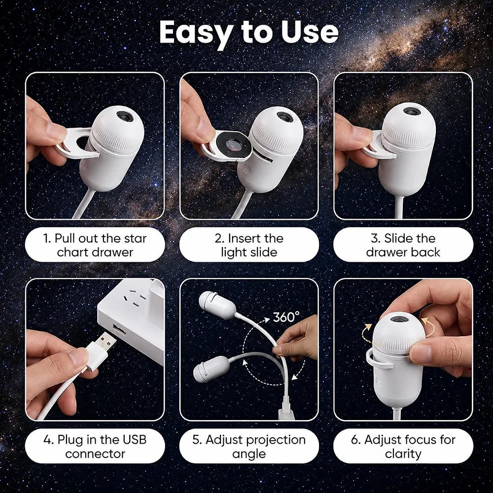 Mini LED Galaxy Projector with Adjustable Brightness, 360° Moon Projection, USB Powered for Bedroom & Room Decor.