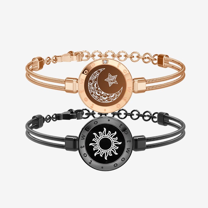totwoo Sun & Moon Smart Touch Bracelets for Couples - Rose Gold & Black Double Snake Chain Long Distance Light Up Jewelry Set