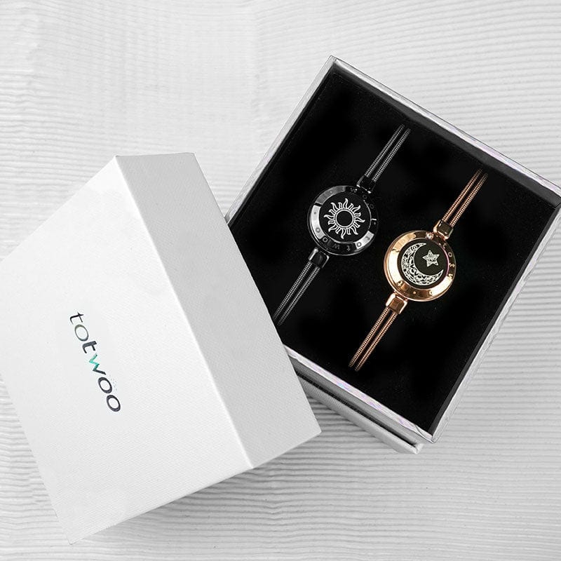 totwoo Sun & Moon Smart Touch Bracelets for Couples - Rose Gold & Black Double Snake Chain Long Distance Light Up Jewelry Set